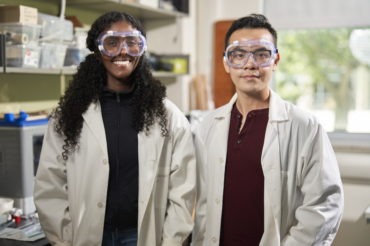 Science students wearing safety goggles
