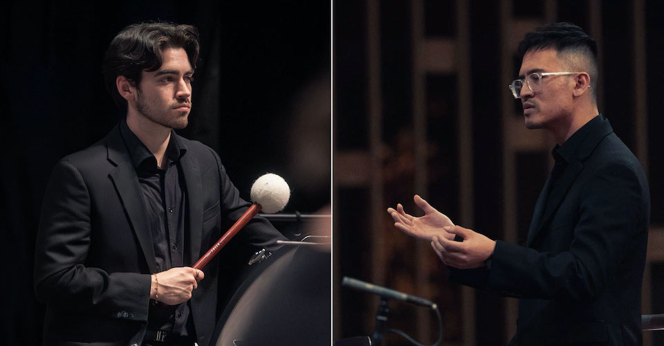 (L to R): Percussionist Andrew Busch (Matt Duboff) and choral conductor and tenor Matthew Boutda (Toronto Mendelssohn Choir).