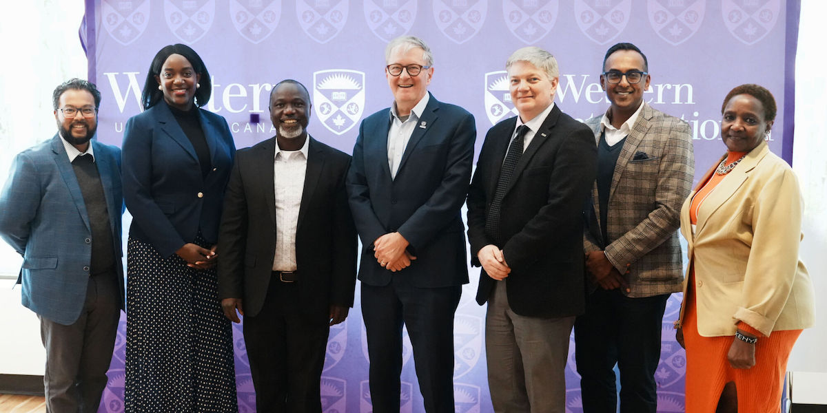 Western hosted the delegation from Amref International University in Kenya, including (L to R) Manjula Alles, Amref Health Africa in Canada director of programs and partnerships; Margaret Mutumba, Frugal Biomedical Innovations Program director; Joachim Osur, Amref University vice chancellor; Western University President Alan Shepard; Jim Lacefield, director of Western’s School of Biomedical Engineering; Navin Singh, Amref Canada executive director and Melanie N. Katsivo, The Africa Institute associate director of programs and partnerships